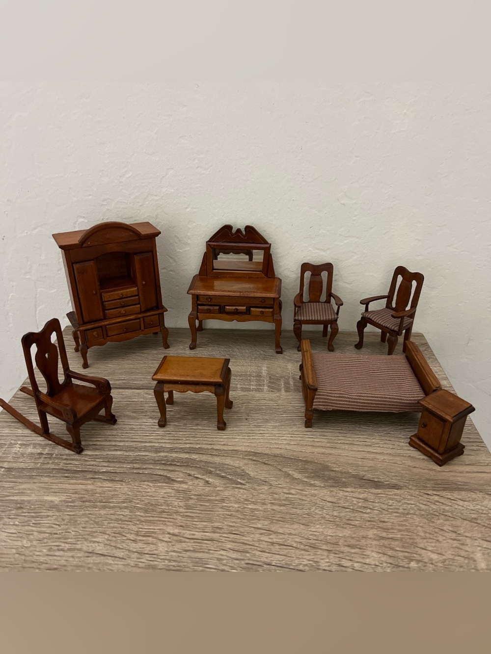 8 Piece Set Vintage Wood Dollhouse Miniature Furniture Bed Wardrobe Vanity Chair